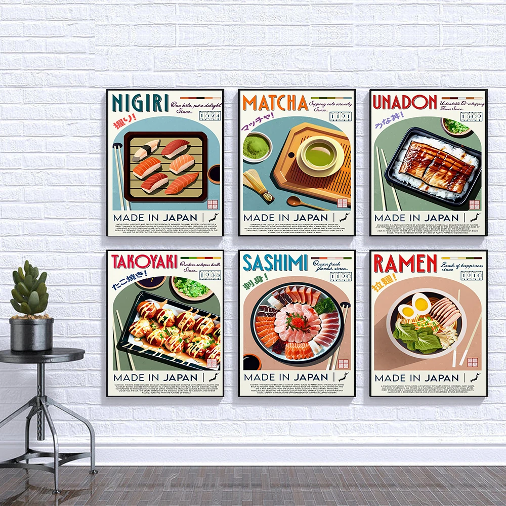 Japanese Food Retro Poster Ramen Matcha Nigiri Sashimi Tempura Wall Art Picture Asian Cuisine Canvas Painting Kitchen Home Decor