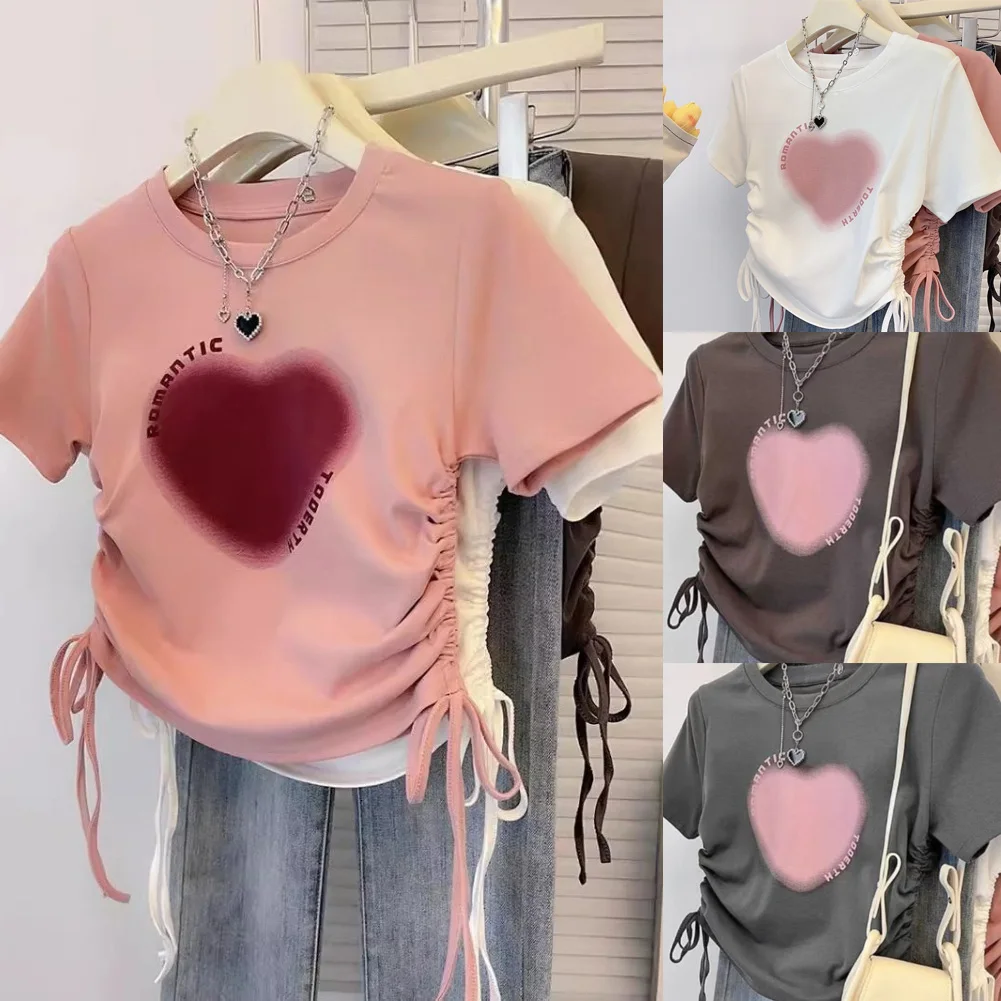 Casual Summer Top for Women Short Sleeved T Shirt Round Neck Drawstring Design Light Stretch Polyester Spandex