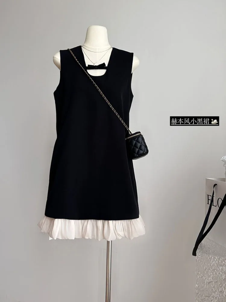 Elegant Fashion Black A-Line Dress Spring Summer Backless O-Neck Prom Gown Bow Sleeveless Patchwork One-Piece Frocks Streetwear