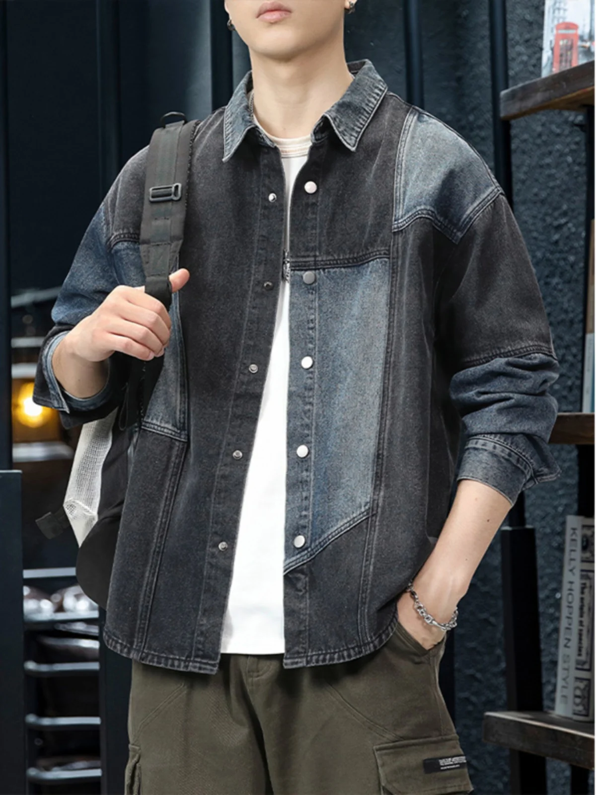 

Ретро-куртка из денима в американском стиле с цветными блоками, мужская, свободного кроя, молодежная, осенняя новинка, верхняя одежда