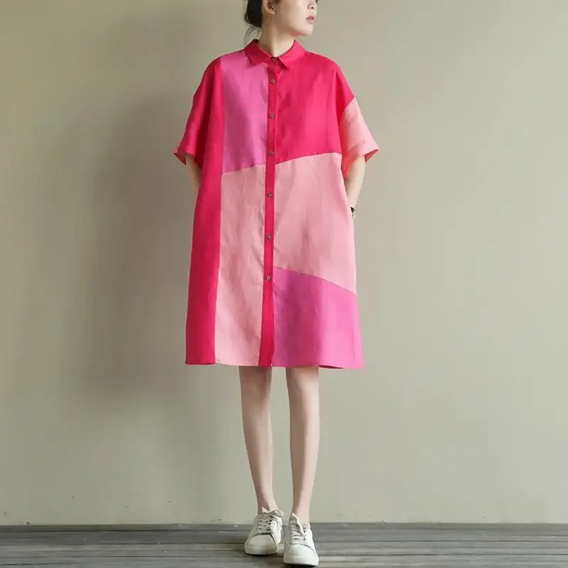 

Large Size Summer Women Splicing Shirt New Casual Slim Literary Medium-length Top for Women's Shirt Short-sleeved