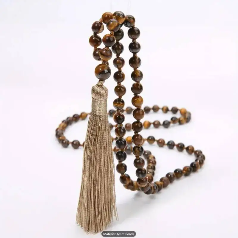 Natural Tiger's Eye 108 Beads Mala Necklace with Beige Tassel Spiritual Meditation Jewelry