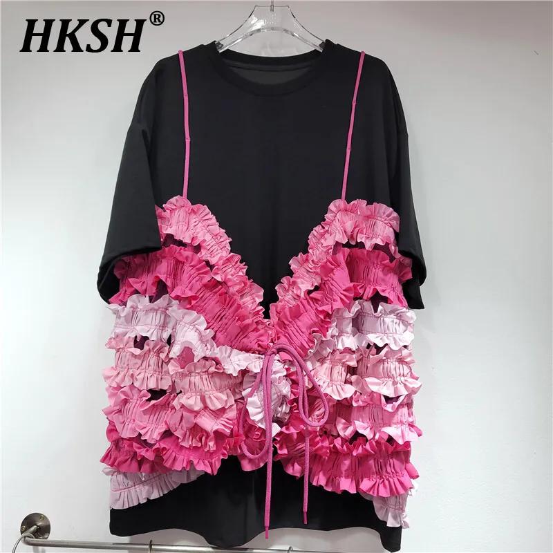 

HKSH Summer New Women Y2K Chic Streetwear Ins Fashion Elegant Patchwork Ruffles O-neck Short Sleeved T-shirts Casual Tops HK5532