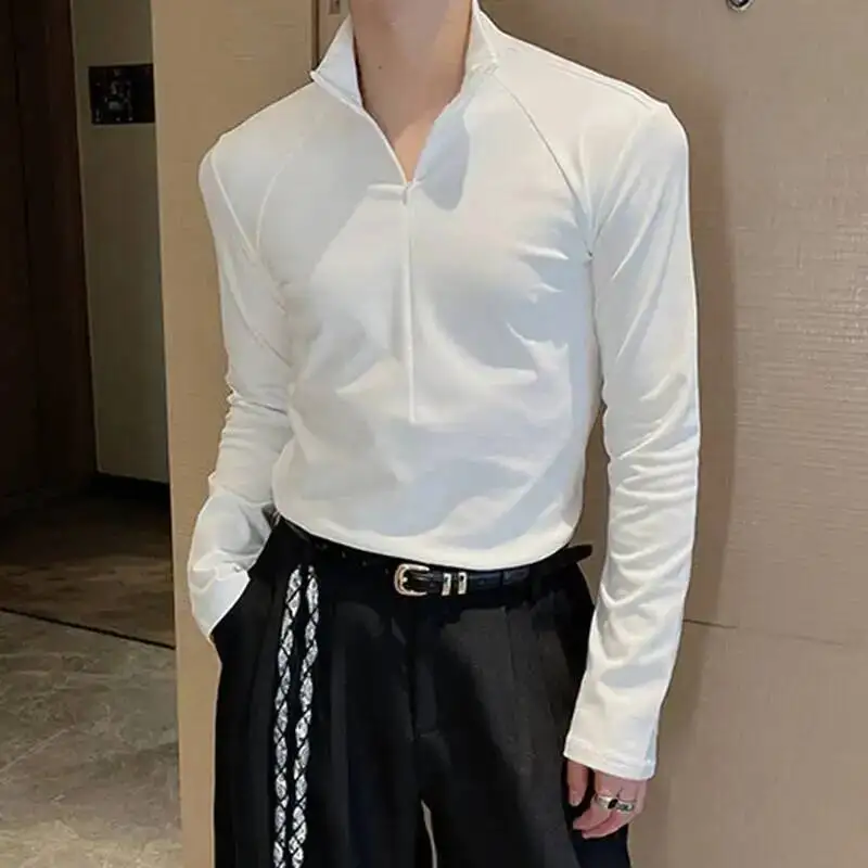 Autumn Men's T-shirts Stand Collar Half Zipper Patchwork Solid Color Tees Long Sleeved Pullover Male Tops Simple 93YCZ