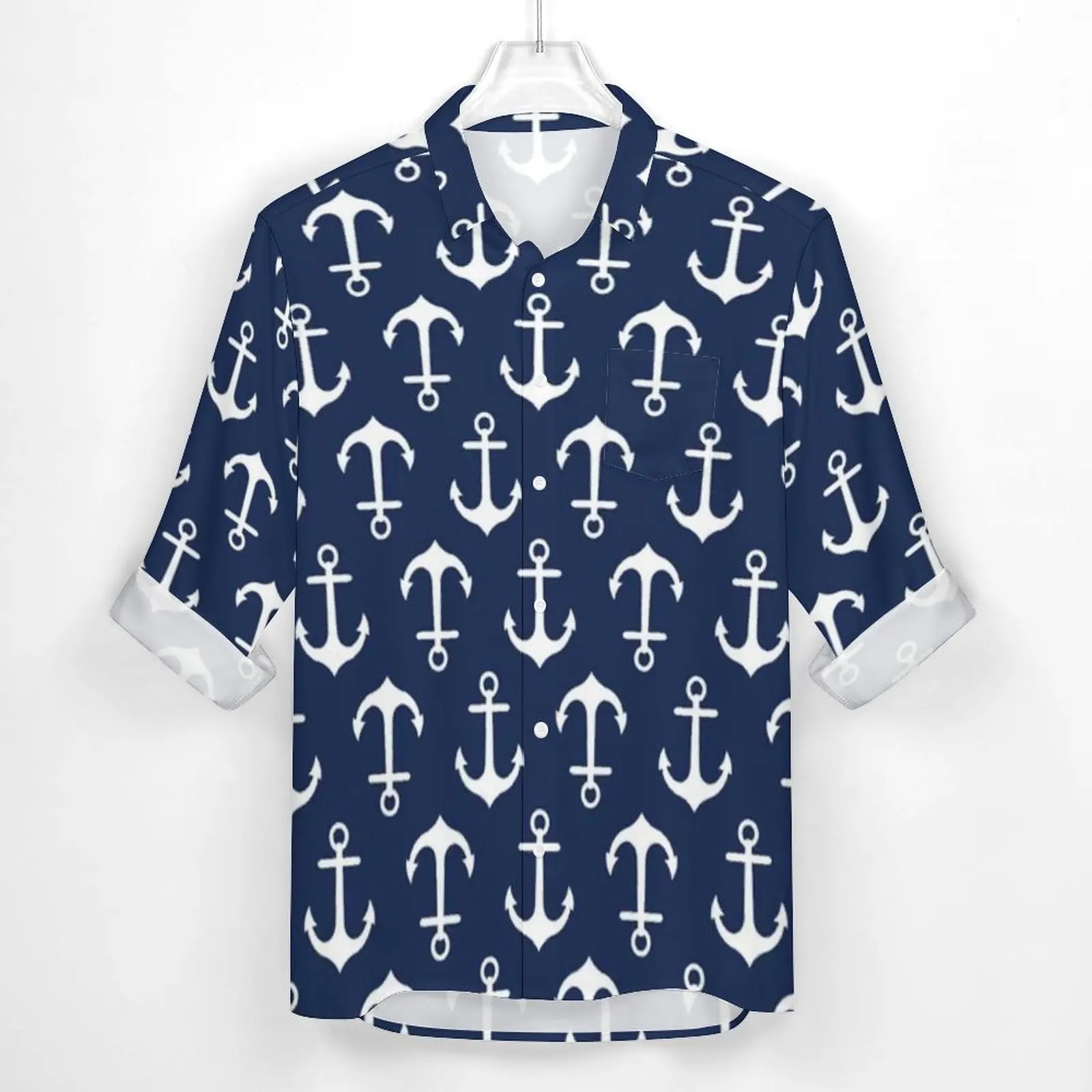 Navy Blue Nautical Shirt Spring Anchor Pattern Casual Shirts Man Novelty Blouses Long Sleeve Graphic Clothing Plus Size 3XL 4XL