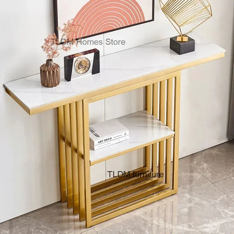 Nordic Iron Console Tables Decoration Living Room Furniture Entrance Console Table Light Luxury Rock Slab End View Hallway Table