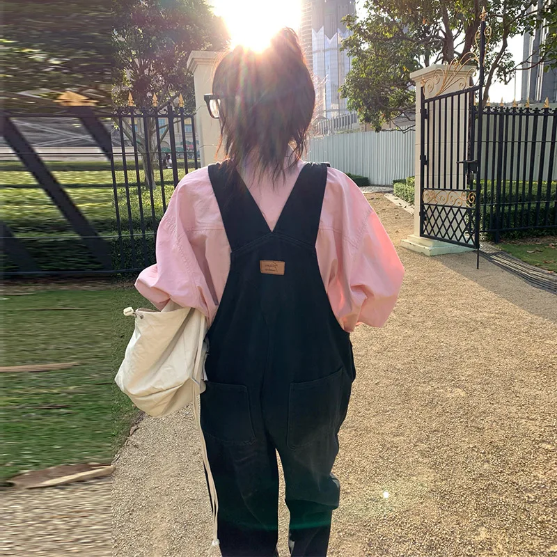 Salopette di jeans retrò Bla da donna allentata coreana Sle Agel a vita alta sottile gamba dritta tuta casual jeans in misto cotone
