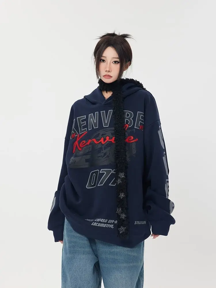 

2023 Retro Street Letter Graffiti Print Hoodies Women Sweater New American Hip-hop Couples Racing Top Sweatshirt Y2k Clothes