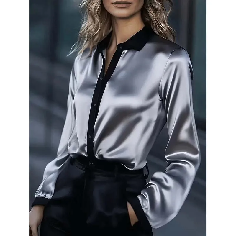 2026 Geometric Pattern Long Sleeve Shirt Elegant Ladylike Style Independent Station Women's Fashion Color Block Design Blouse