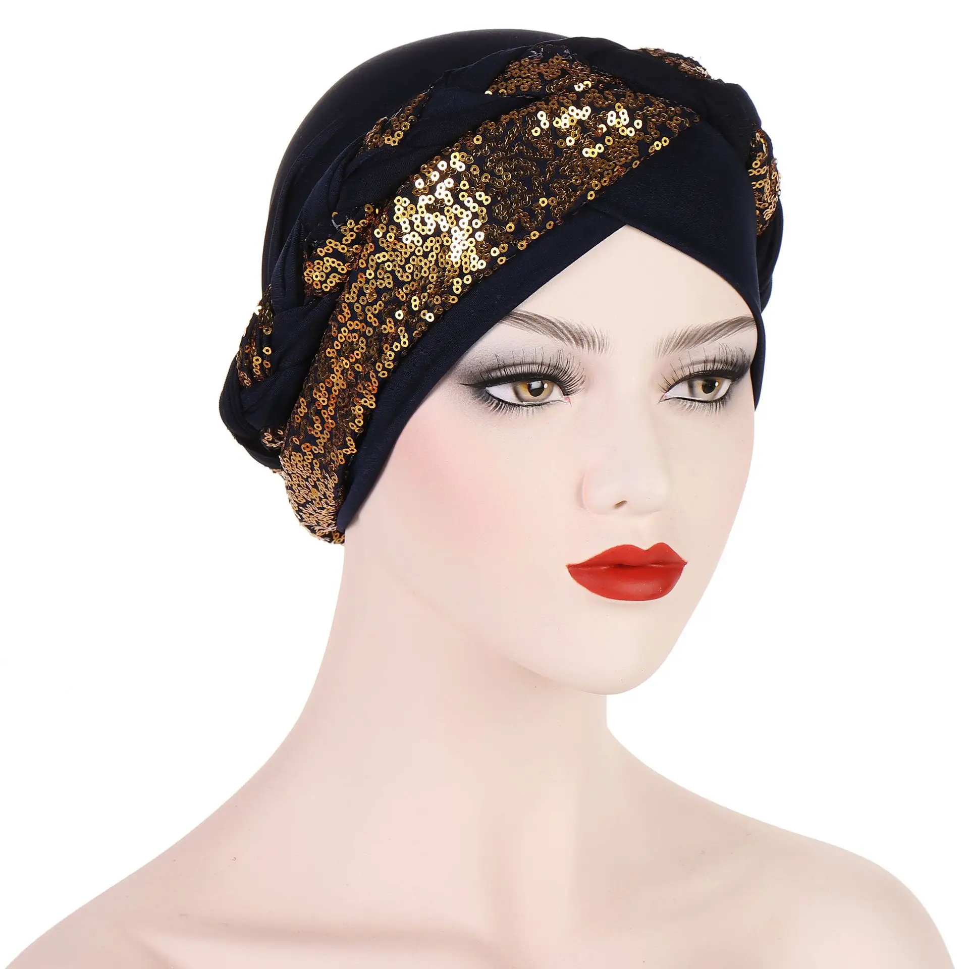 Women Turbans with Braid Decor Sequin Elastic Musilim Hijabs for Women Forehead Cross Islamic Women Ramadan Clothing Headwrap