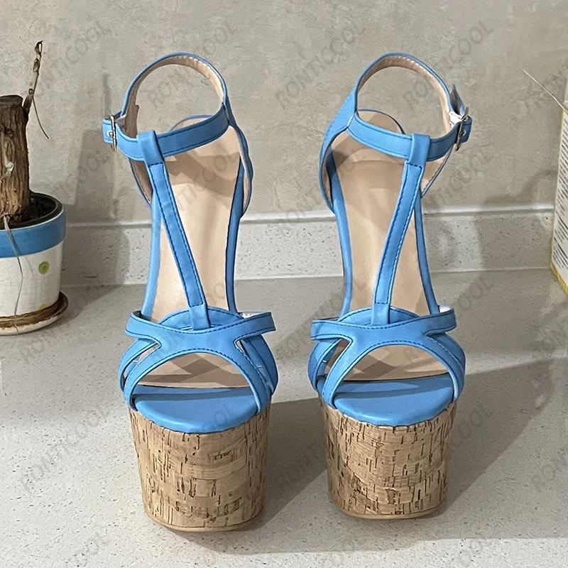 Ronticool Handmade Women T-strap Sandals Ultra High Wedges Heels Round Toe Classics Black Dress Shoes Ladies US Plus Size 5-15