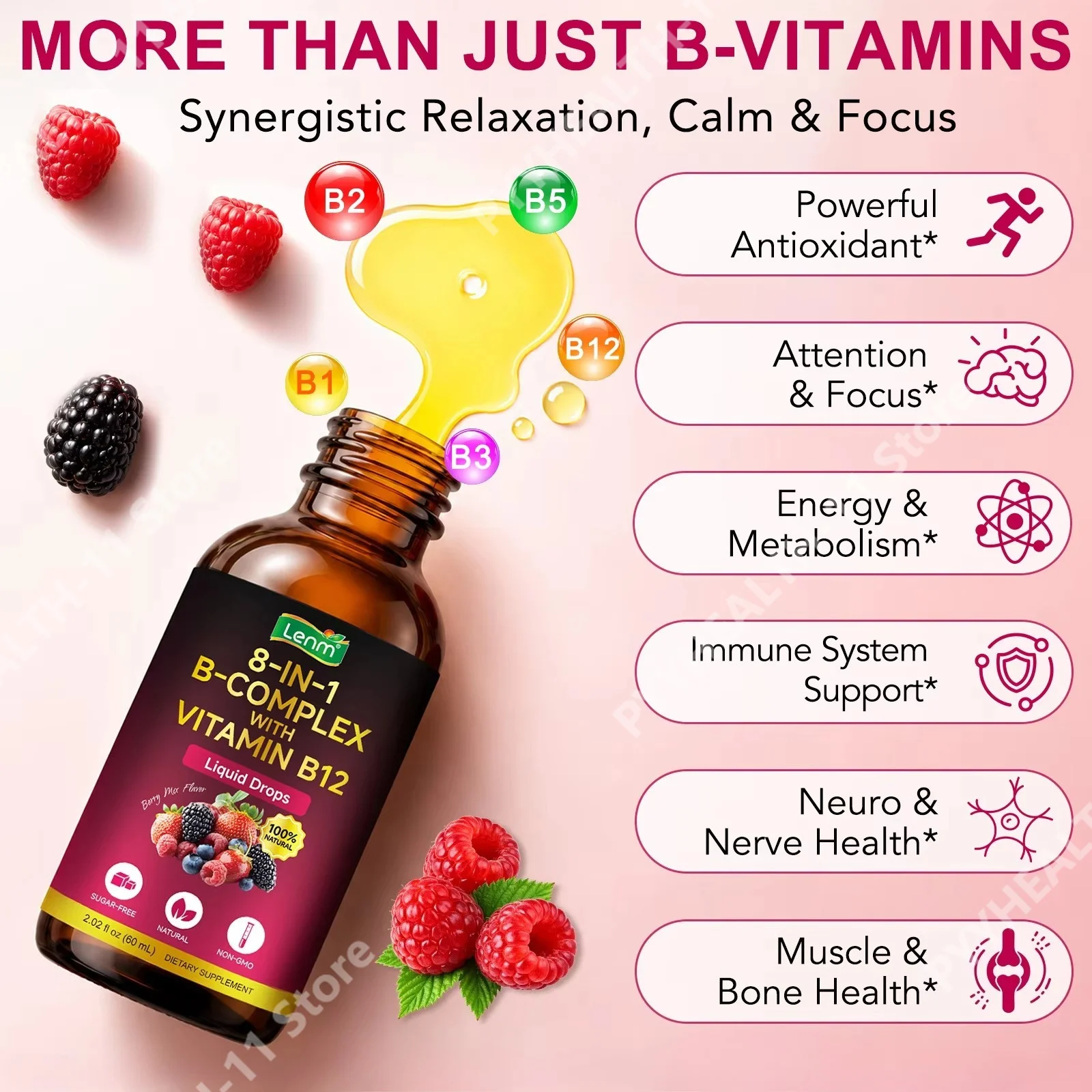 Lenm Vitamin B Complex Droplet,Provides Energy,promotes Digestion,antioxidants,nourishes Skin,hair and Nails,for Adults,60ml