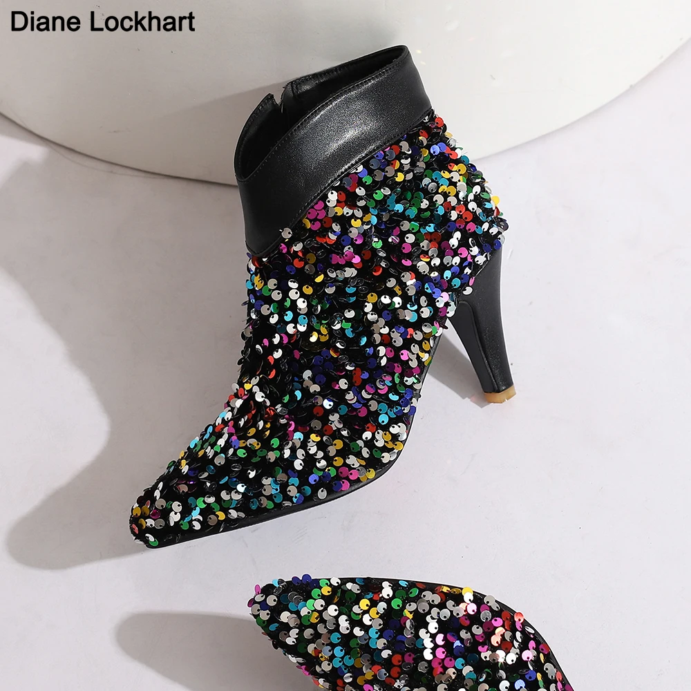 Pointed Toe Stiletto Ankle Boots High Heels Women Fashion Boots Colorful Sequin Cloth Booties Female Autumn Elegant Party Shoes