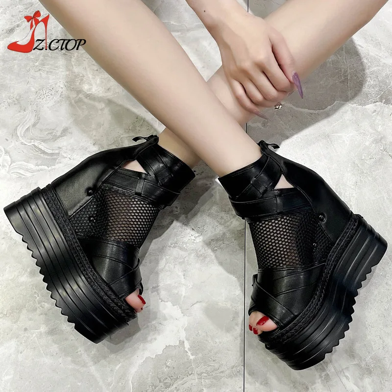 

13cm High Heel Wedges Sandals Women Summer Fish Mouth Platform Heels Thick Bottom Increased Height Ladies Shoes Black