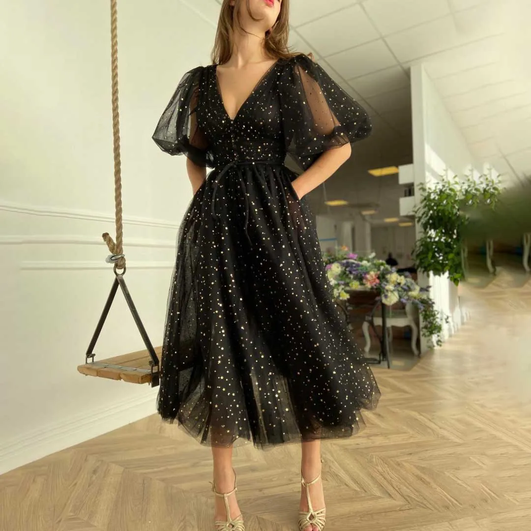 Tulle V-neck Lantern Sleeve Evening Dresses Classic Half Sleeves A-line Maxi Girl's Pageant Dress Backless Pleats Party Dress