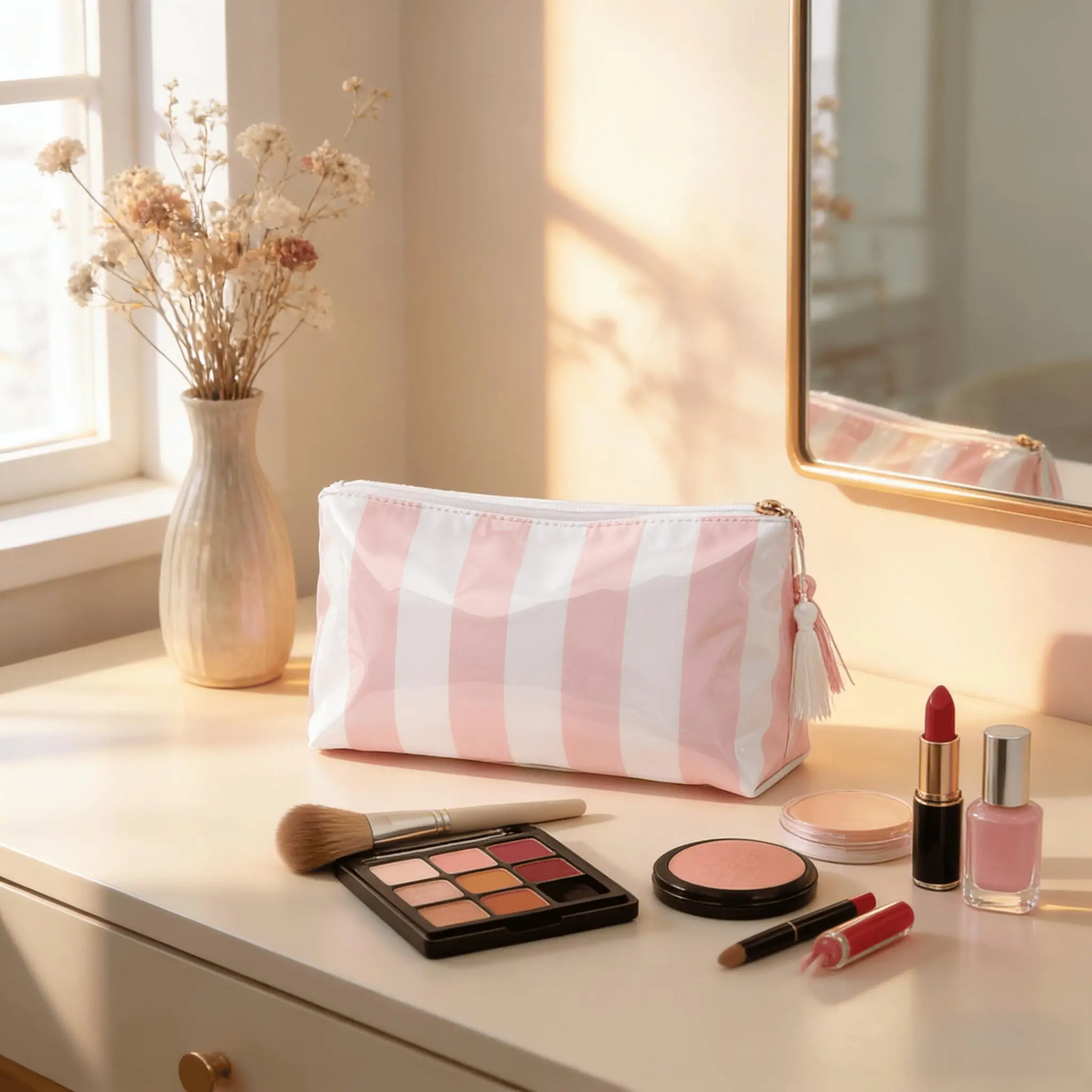 1pc Striped Cosmetic Bag Simple Large Capacity Travel Toiletry Bag, Cosmetic Storage Bag with Pendant, Smooth Zipper, Ideal Gift