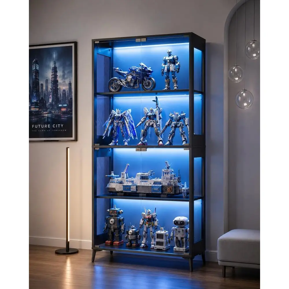 4-Tier Glass Display Cabinet with Adjustable Shelves, LED Lighting for Collectibles and Gaming Room, Black