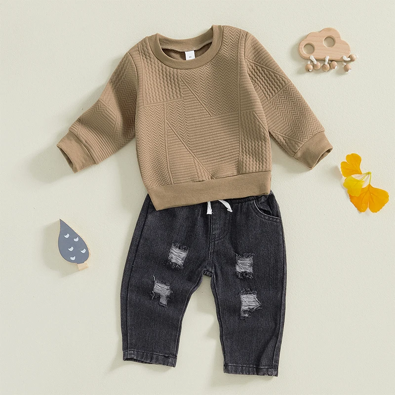 Baby Boy Fall Outfits Long Sleeve Textured Sweatshirt Ripped Denim Pants Set Toddler Clothes