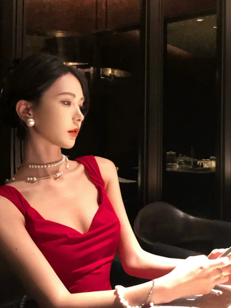 Damska seksowna czerwona sukienka bodycon na ramiączkach spaghetti z odkrytymi plecami, letnia sukienka maxi bez rękawów z kokardą, modna suknia wieczorowa na bal maturalny, vestidos