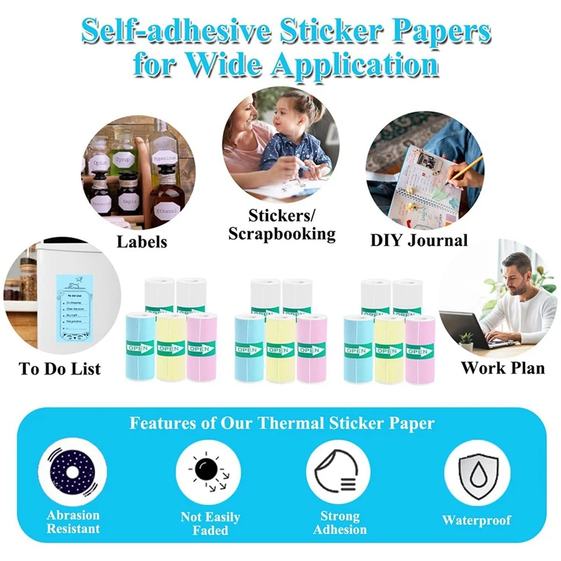 A23F-15 Rolls Thermal Sticker Paper For Mini Printer Sticker Maker, 9 Colored And 6 White Mini Printer Sticker Paper