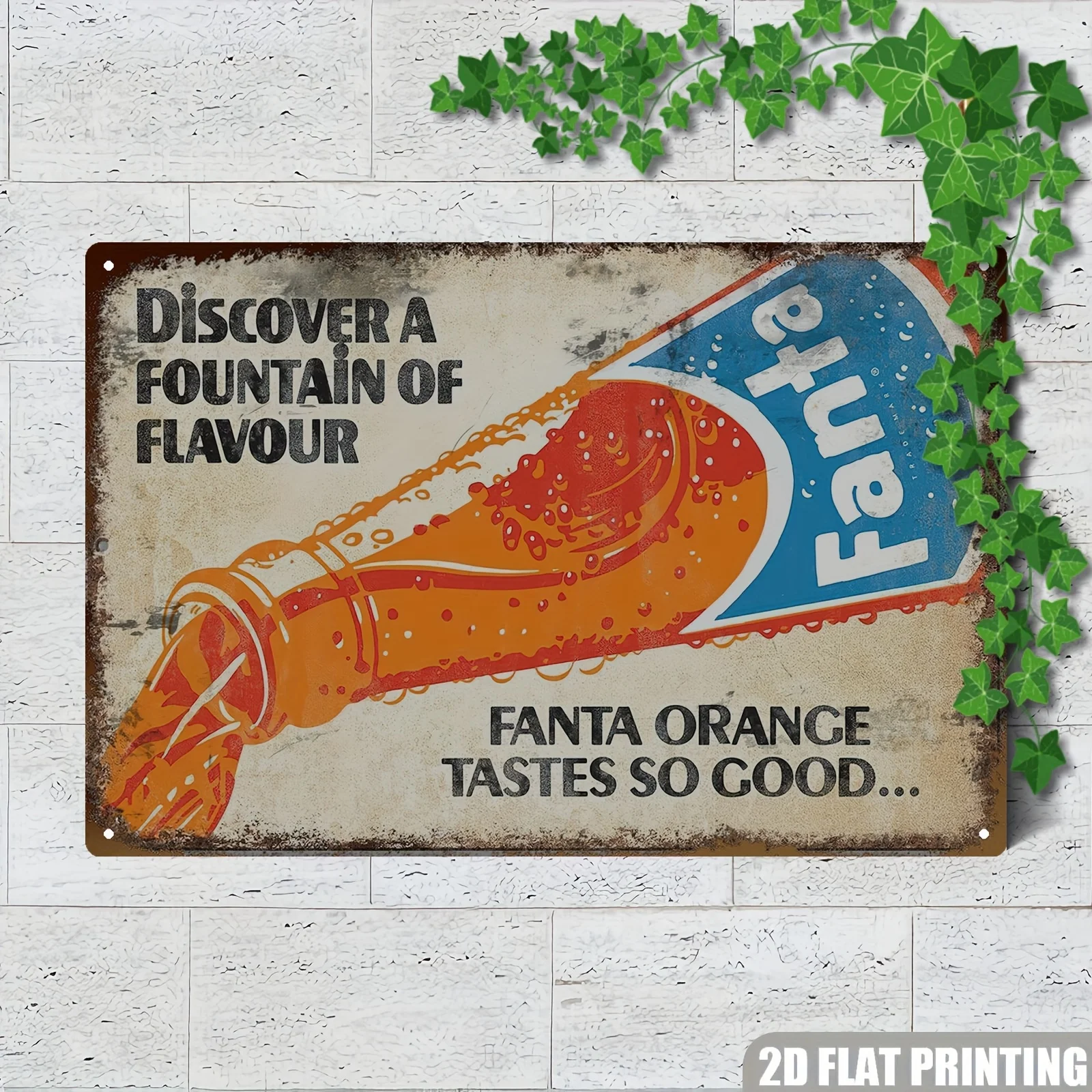 Letrero Metálico Vintage Fanta 2D Plano, 1 Pieza - Arte Retro de Hojalata para Exterior con Diseño 'Descubre una Fuente de Sabor', Hierro Duradero