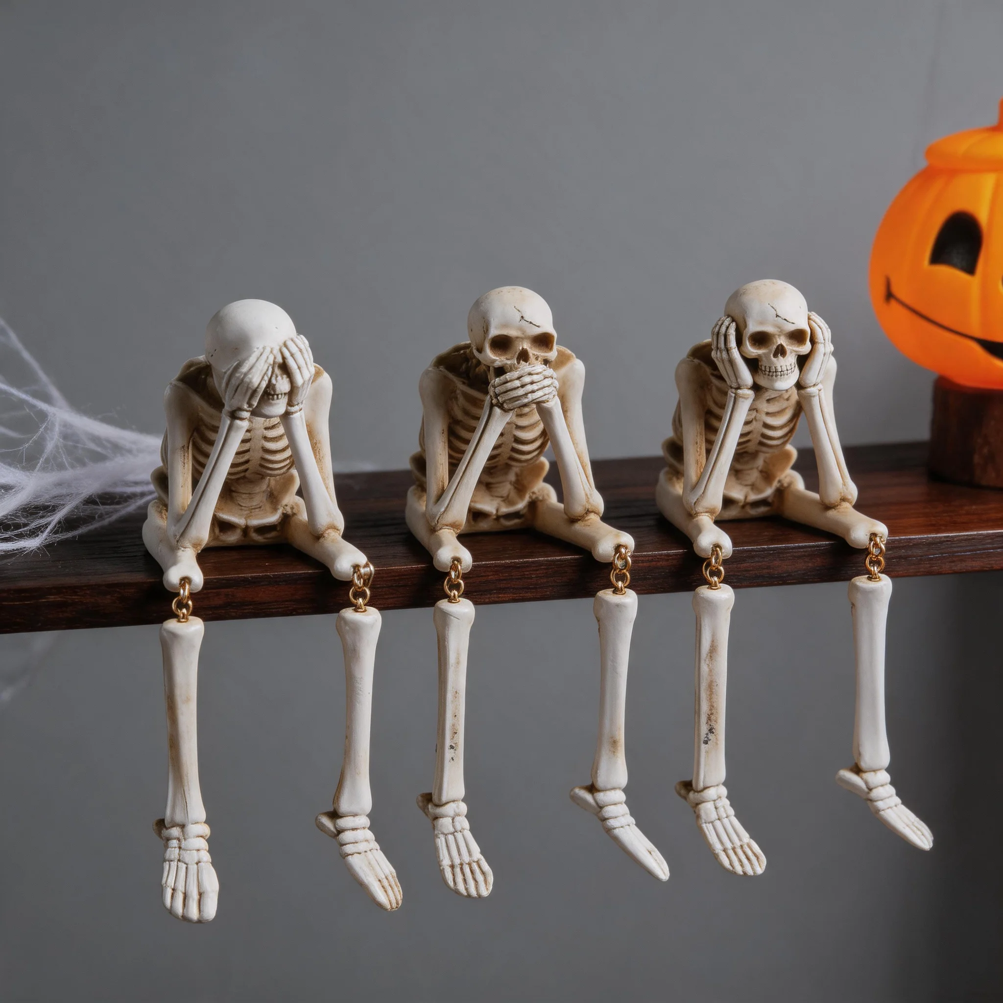 Gothic Realistic Resin Skull Figurines See Speak Hear No Evil Hanging Leg Skeleton Statues for Bookshelf Table Edge Decor