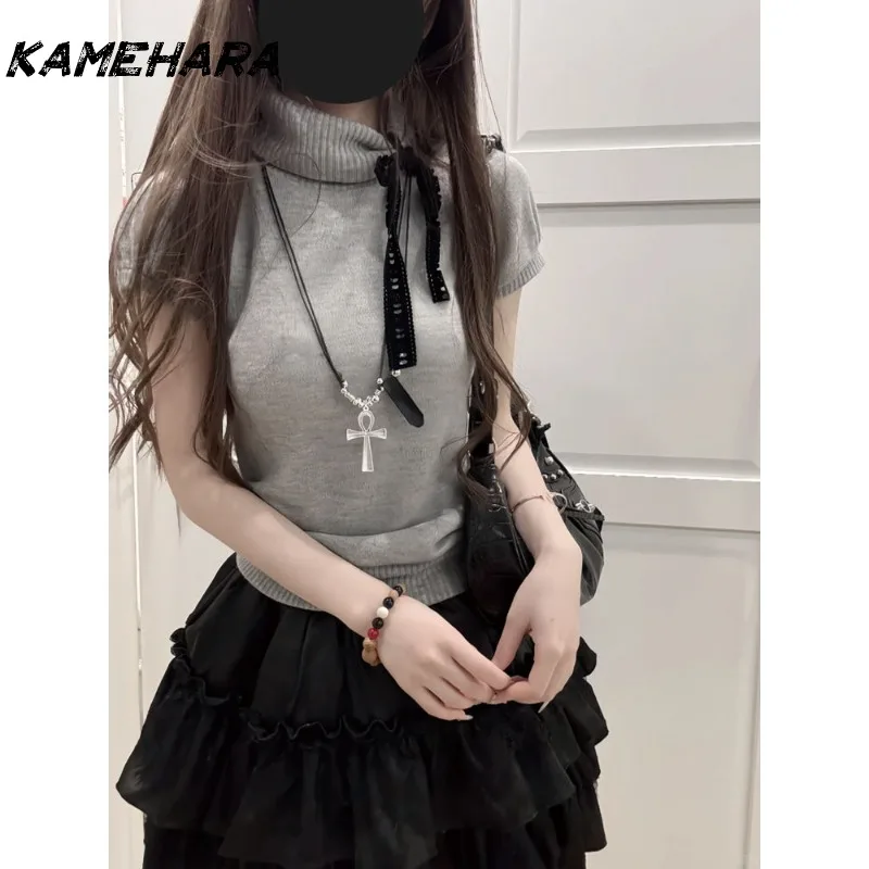 

KAMEHARA Japanese Retro Scarf Collar Knitted Short Sleeved E-girl Gothic High Waisted Pleated Mini Spicy Girl Skirt 2-piece Sets