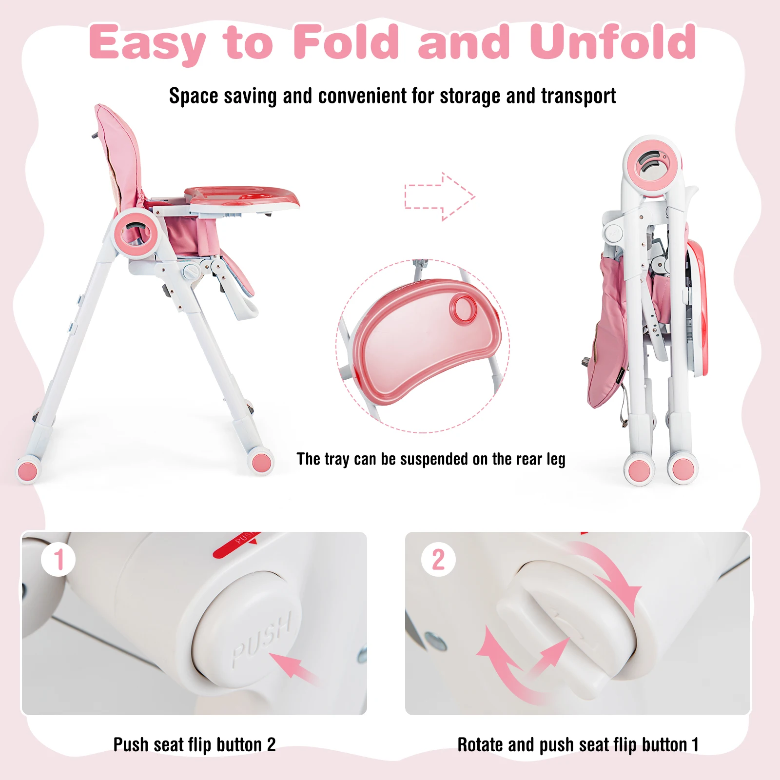 Babyjoy Baby High Chair Foldable Feeding Chair w/ 4 Lockable Wheels Pink