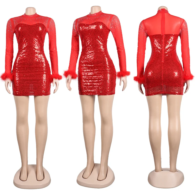 Mini abito trasparente sexy con paillettes glitterate in rete patchwork da donna elegante con piume a maniche lunghe con diamanti Strecth Club Abiti da ballo per feste