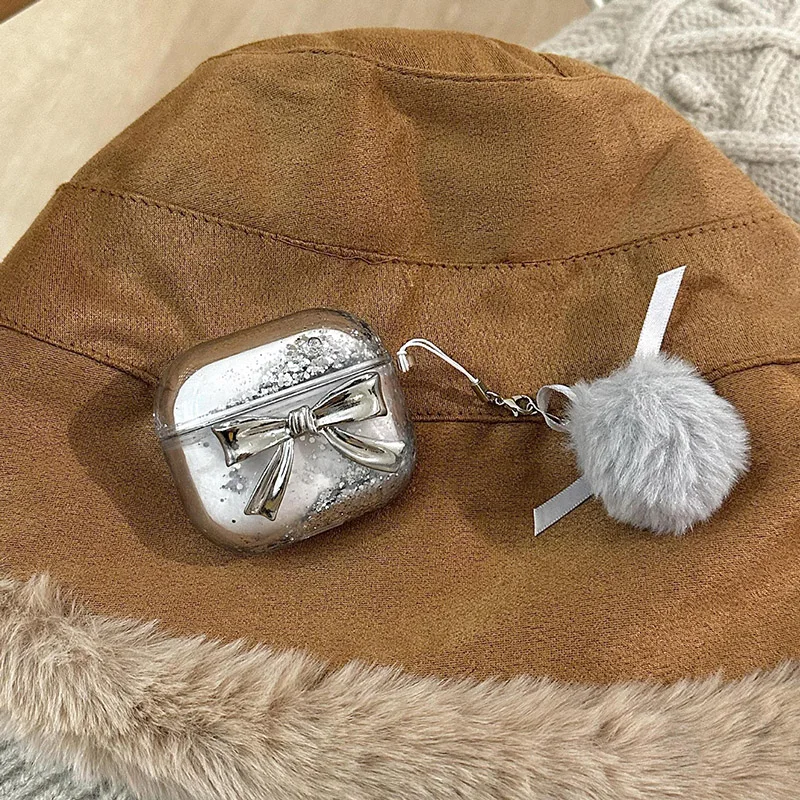 Stylish 3D Quicksand Earphone Case for Apple AirPods Pro 2 Headphone Case for AirPods 2 3 Hard Cover with Bow Pearl Keychain