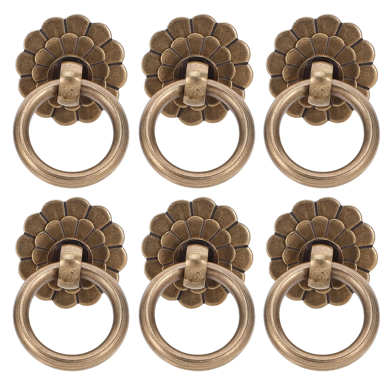 6Pcs Brass Flower Cabinet Knobs Vintage Dresser Handles Comfortable Round Ring Grip for Kitchen Bathroom Closet