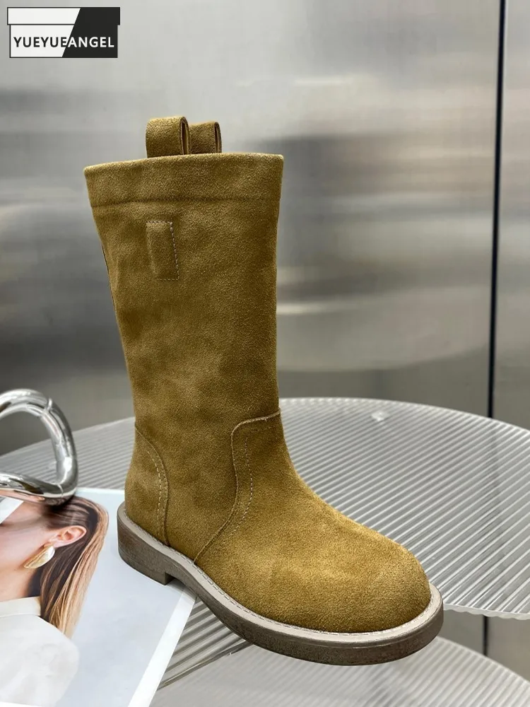 

Retro Women Fashion Knight Boots Comfortable Solid Color Round Toe Mid Boots Cow Suede Leather Slip On Mid Heel Antiskid Shoes