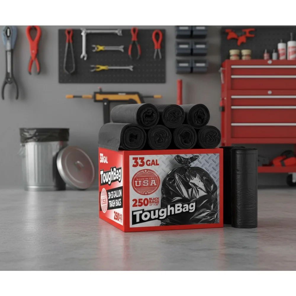 

Heavy Duty 30-33 Gallon Trash Bags, 32x38" Black Garbage Bags, 250 Count - Made in USA