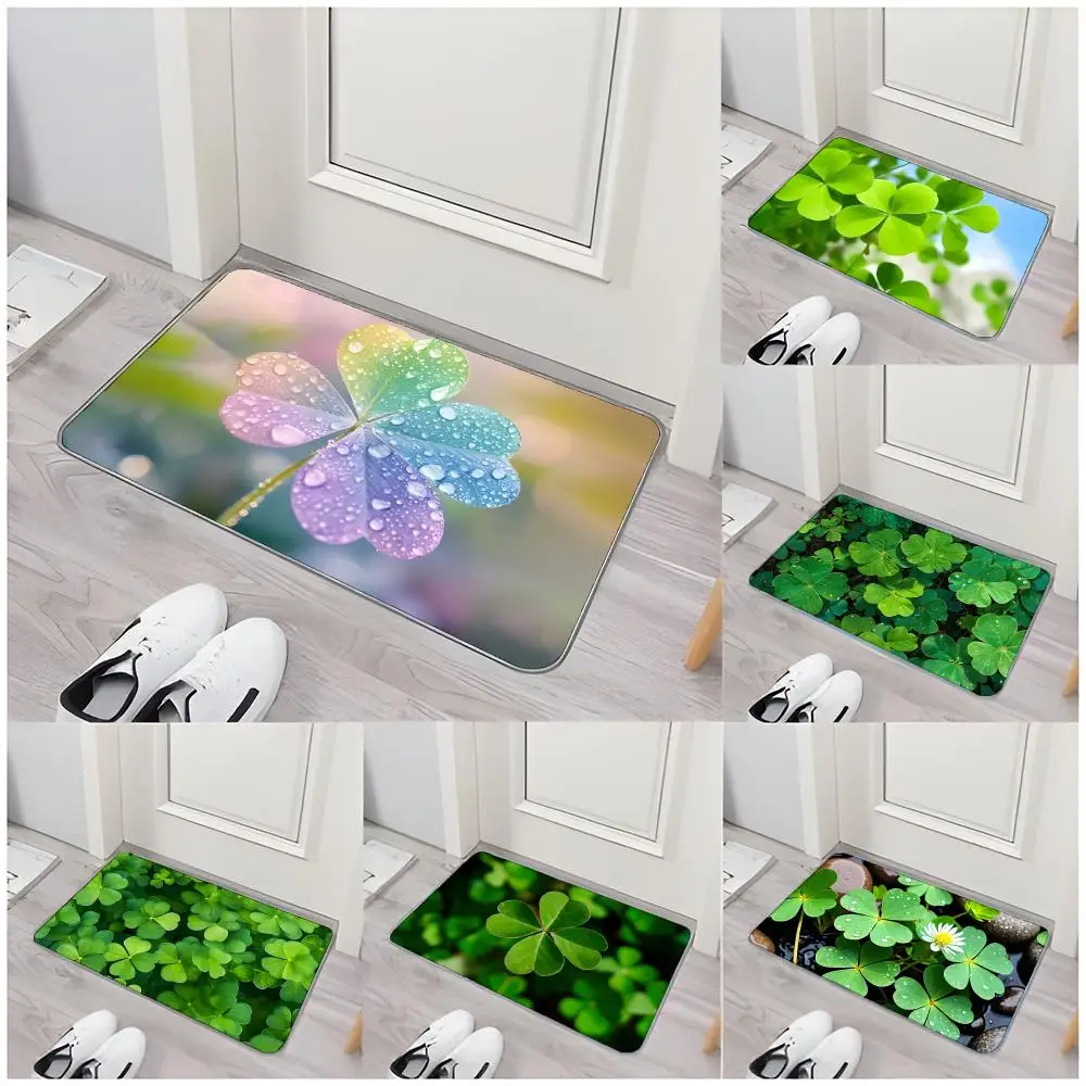 Pattern Lucky F-Four-Leaf Clover Floor Mat Non-Slip Washable Flannel Door Mat Absorbent Indoor Floor Rug