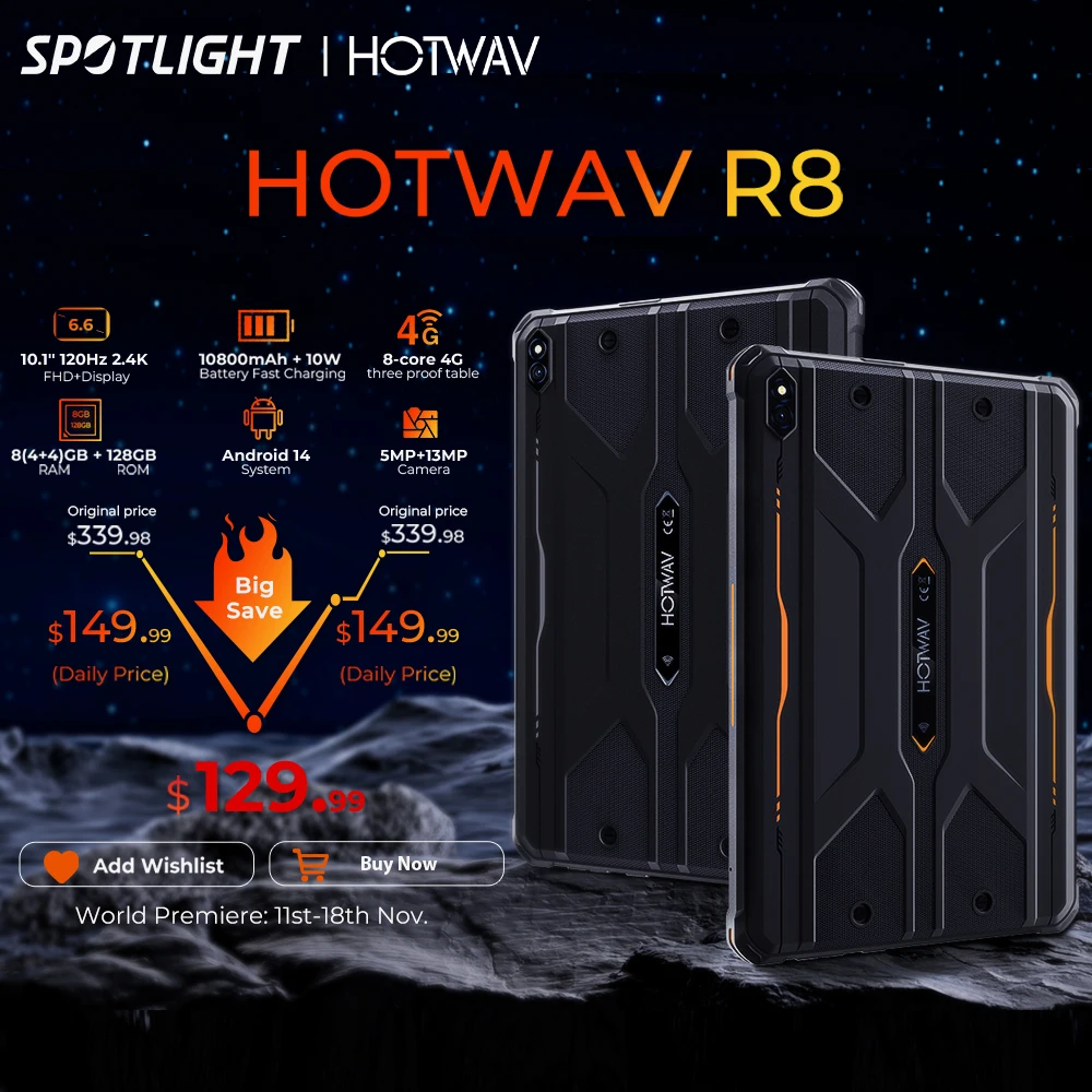 New HOTWAV R8 Rugged Tablets Android 14 10.1'' HD+10800mAh IPad 5MP+13MP Camera 12(4+8)GB+128GB Charging OTG Reverse Tablet PC