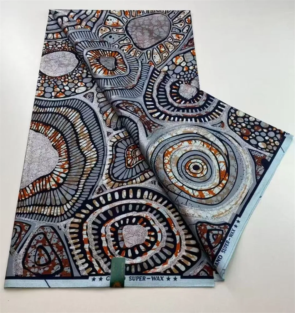 قماش شمع ذهبي أفريقي رائج البيع 100% نسيج قطن خالص، نسيج شمع أفريقي نسائي عالي الجودة، مقاس 5