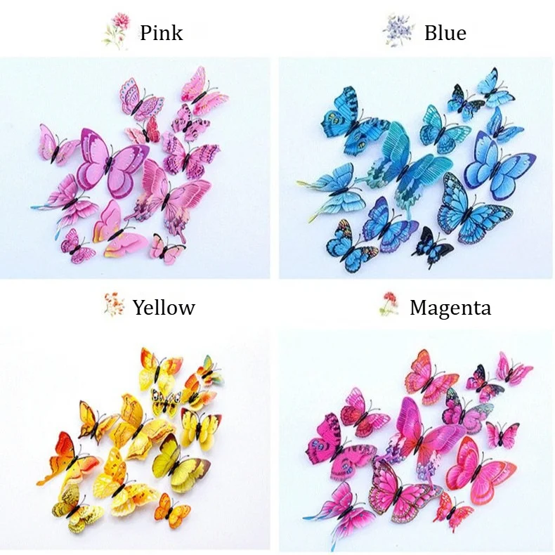 12PCS 3D Simulation Double Layer Butterfly Sticker Magnetic Wall Stickers for Party Wedding Home Room DIY Art Decoration