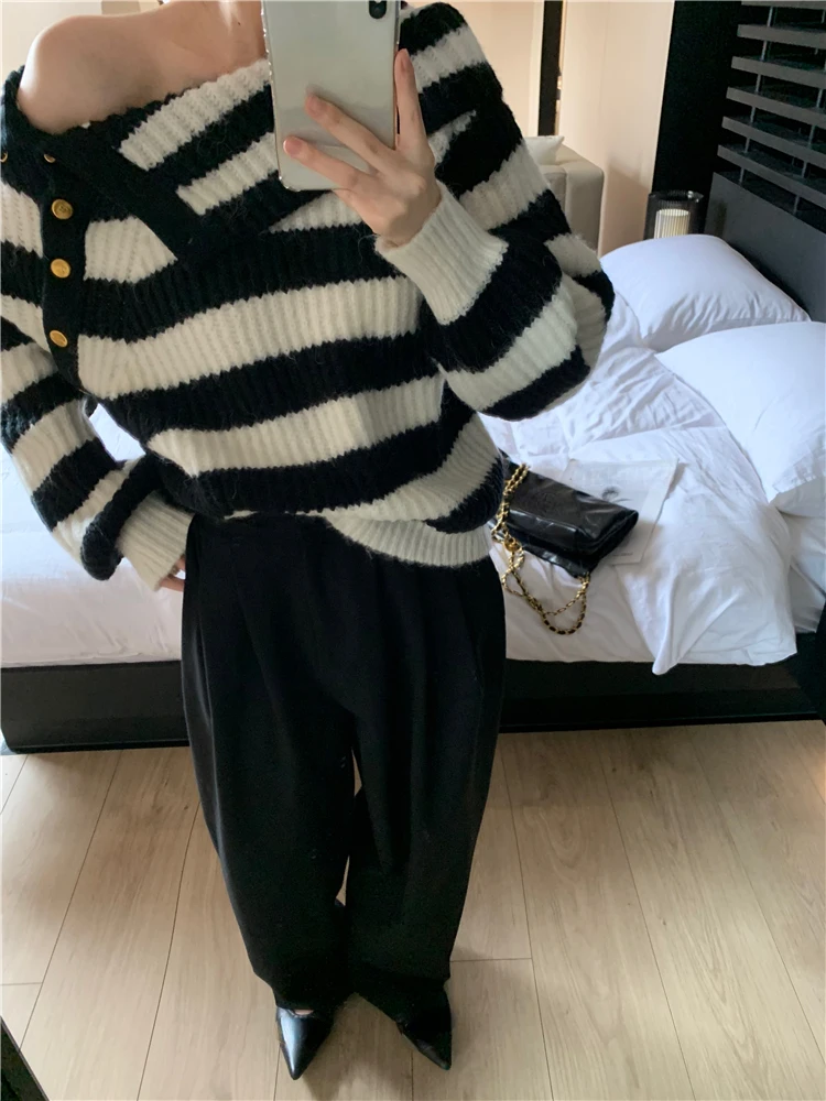 Ezgaga Striped Sweater Women Off Shoulder Striped Autumn Winter Button Slash Neck Pullover Vintage Knitted Tops Loose Jumper