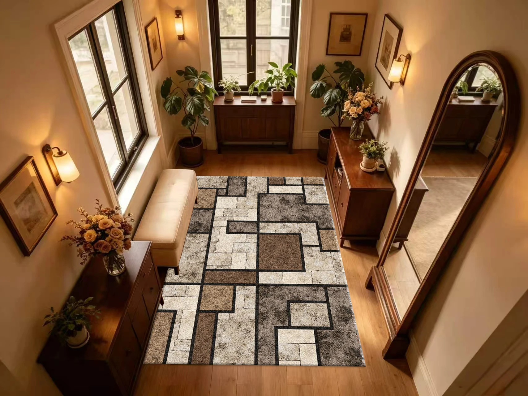Retro Stone Block Geometric Carpet Flooring Vintage Square Rectangle Mosaic Texture Floor Rug Rustic Industrial Home Decor Mat