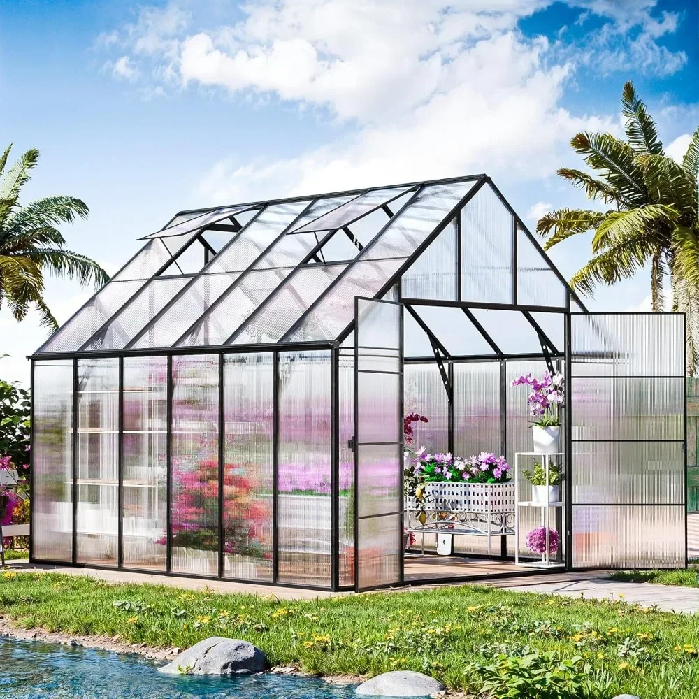 12x10 FT Greenhouse for Outdoors, Easy Assembly Large  Heavy Duty Polycarbonate Greenhouses Kit W/2 Window, Outdoors Greenhouse