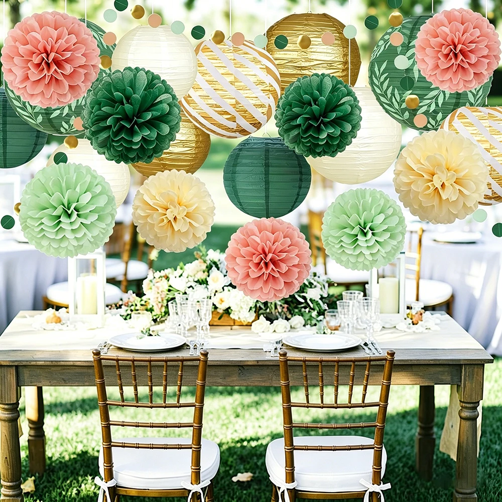 

22Pcs Sage Green Hanging Paper Lantern and Tissue Pom Poms Party Decoration for Wedding, Birthday, Bridal Shower Hanging Decor