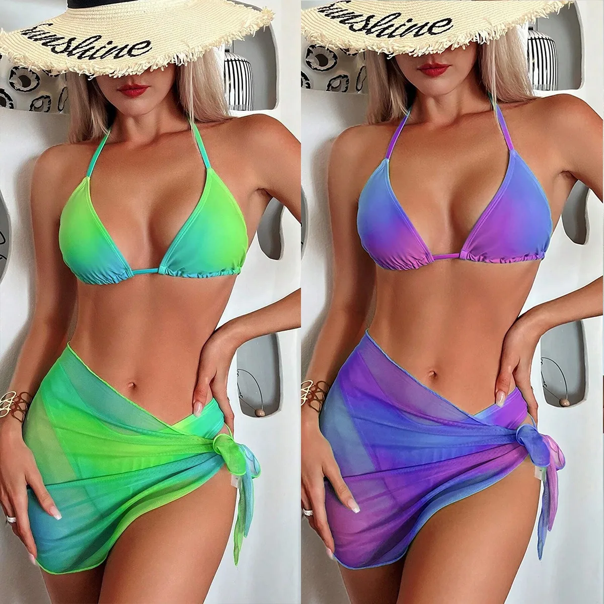 Ensemble de maillot de bain trois pièces fendu pour femme, bikini court, couverture, nickel é de embau, à lacets, ensembles de maillots de bain sexy