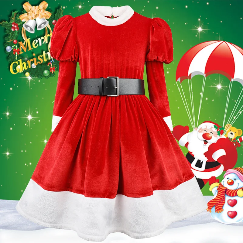 Christmas Girls Dresses Big Kids Xmas Party Red Gown 2025 Teenager Plush Clothing New Children Long-sleeve Costume 3-12 Years