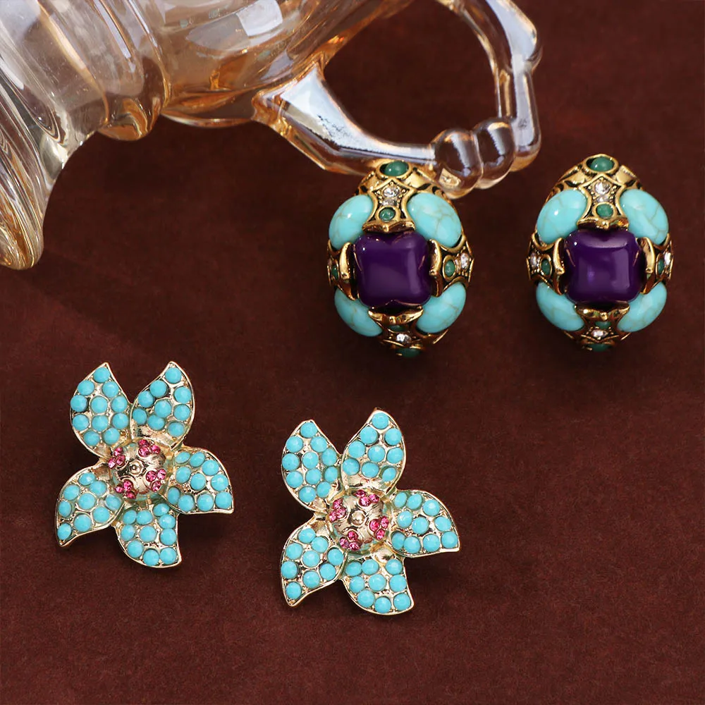 Alloy Irregular-shaped Ear Stud Crystal Peacock Blue Flower Earrings Vintage Elegant Medieval Resin Earrings Party Jewelry