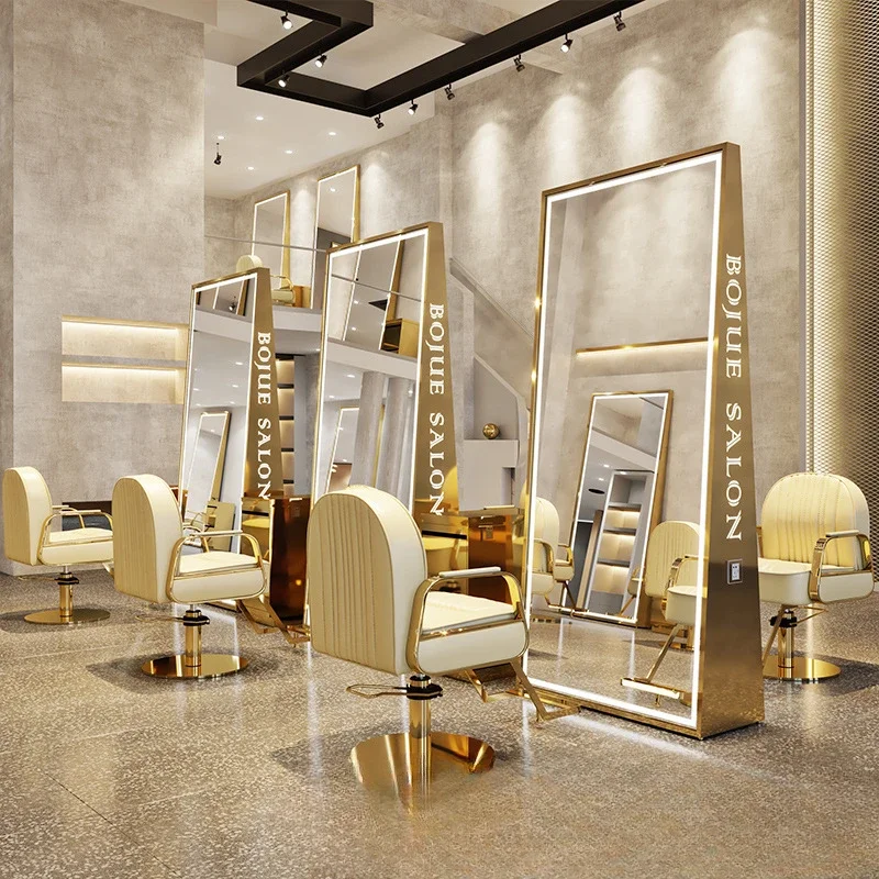 Barber shop mirror stand single and double-sided floor-to-ceiling mirror hair salon mirror with lamp stainless steel haircut mir