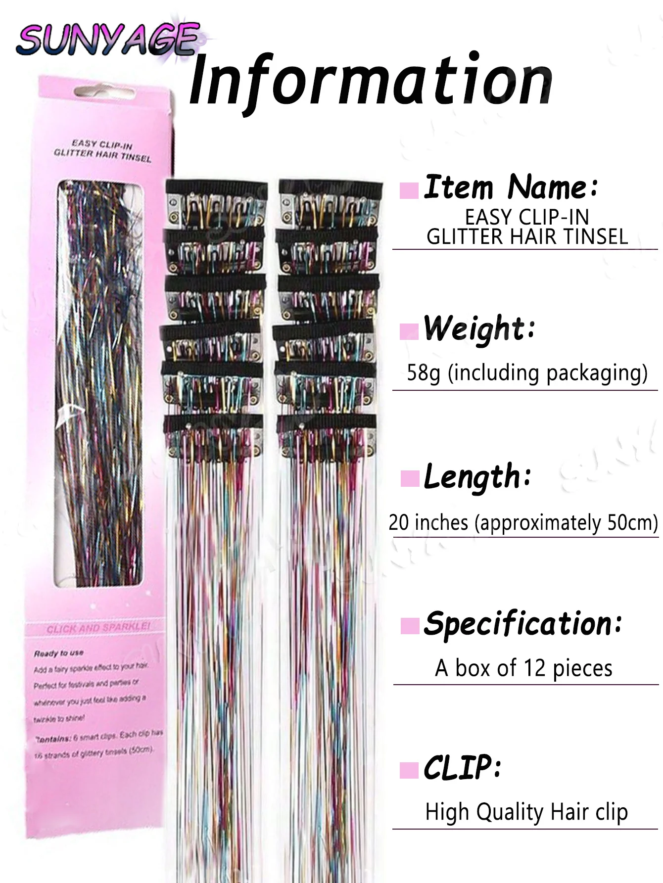 وصلات شعر صناعية مستقيمة بمشبك، هدية حفلات الكريسماس، ملحقات نسائية متعددة الألوان، 12 قطعة، عبوة