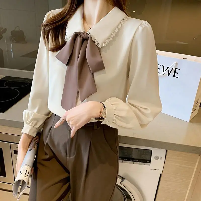 Women Lace Patchwork Bow Vintage Elegant Button Up Shirt Korean Fashion Sweet Chic Casual Blouse Solid Long Sleeve Chiffon Tops