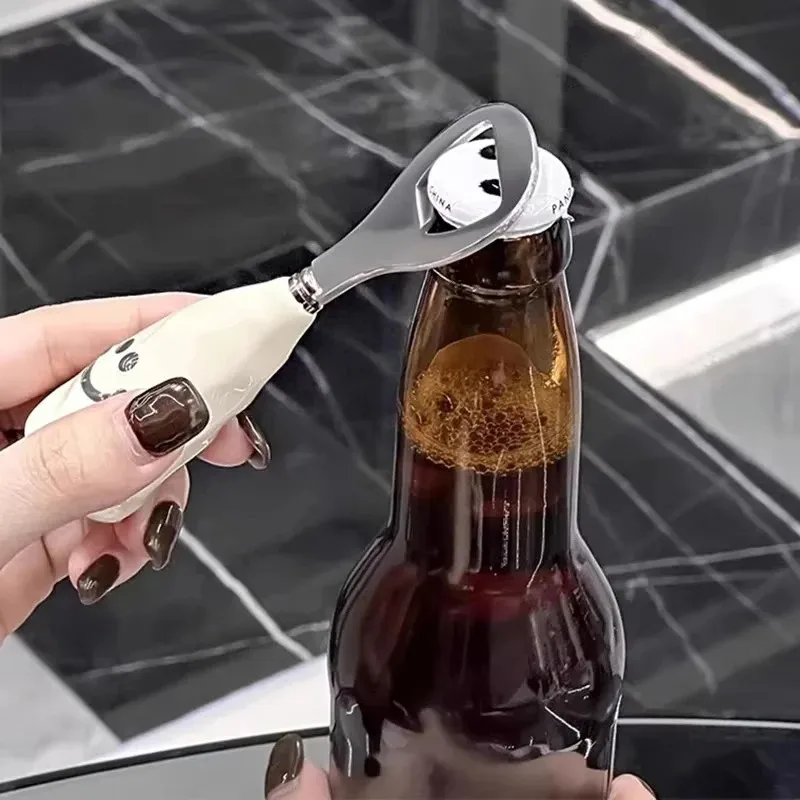 Cute smiling beer bottle opener with plastic handle, ceramic imitation handle, standable bottle screwdriver, creative stainless
