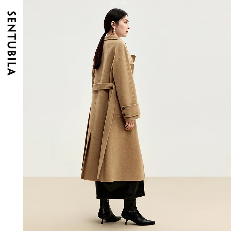 SENTUBILA Korean Style 100% Wool Coats for Women 2024 Winter Oversize Warm Double Breasted Stand Neck Belted Overcoat W44O56385