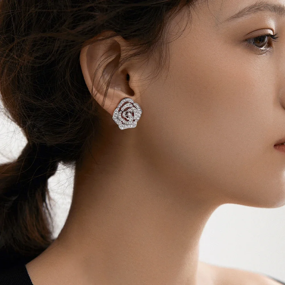 LinkerLove 925 Sterling Silver Full Moissanite Flower Drop Earrings Camellia Rose Shape Dangle Earrings for Women Luxury Jewelry